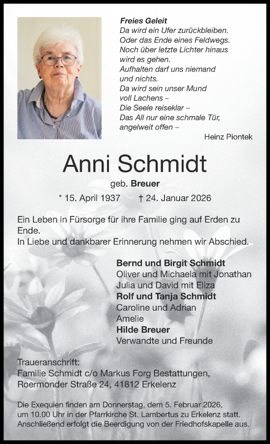 Traueranzeige von Anni Schmidt von Zeitung am Sonntag