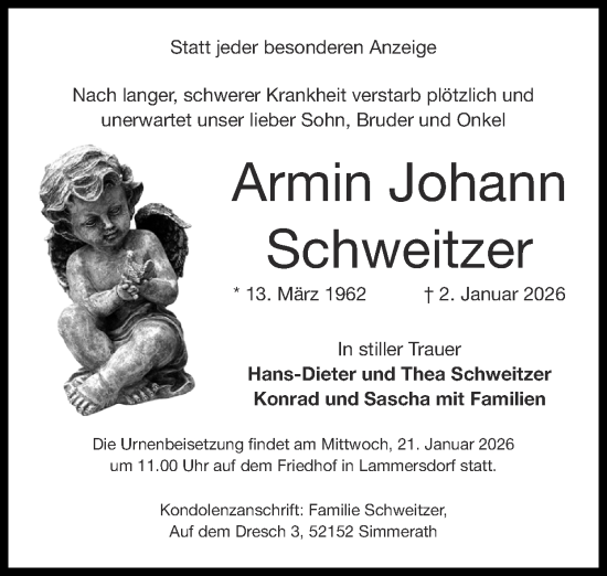 Traueranzeige von Armin Johann Schweitzer von Zeitung am Sonntag