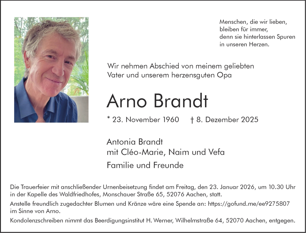  Traueranzeige für Arno Brandt vom 10.01.2026 aus Aachener Zeitung