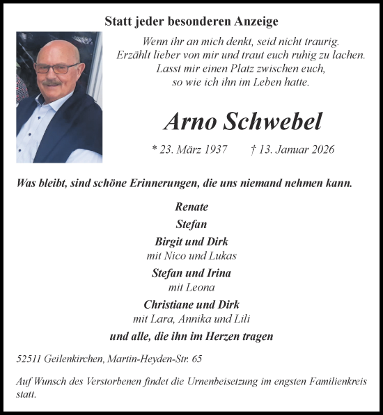 Traueranzeige von Arno Schwebel von Zeitung am Sonntag