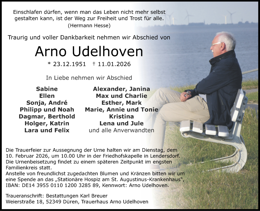  Traueranzeige für Arno Udelhoven vom 01.02.2026 aus Zeitung am Sonntag
