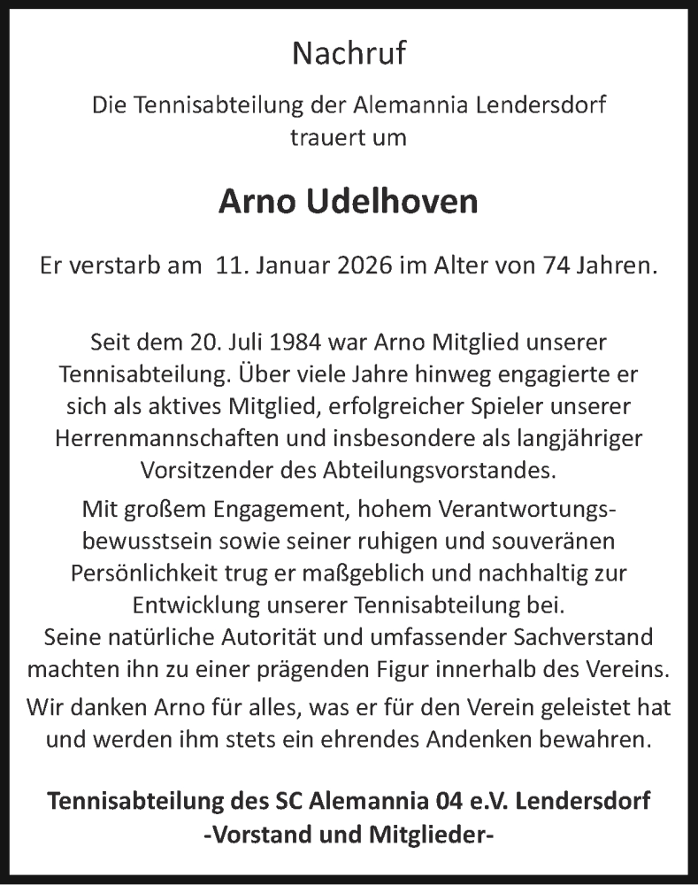  Traueranzeige für Arno Udelhoven vom 01.02.2026 aus Zeitung am Sonntag