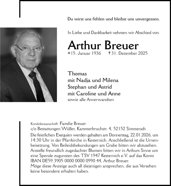 Traueranzeige von Arthur Breuer von Zeitung am Sonntag