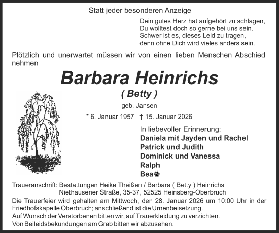 Traueranzeige von Barbara Heinrichs von Zeitung am Sonntag