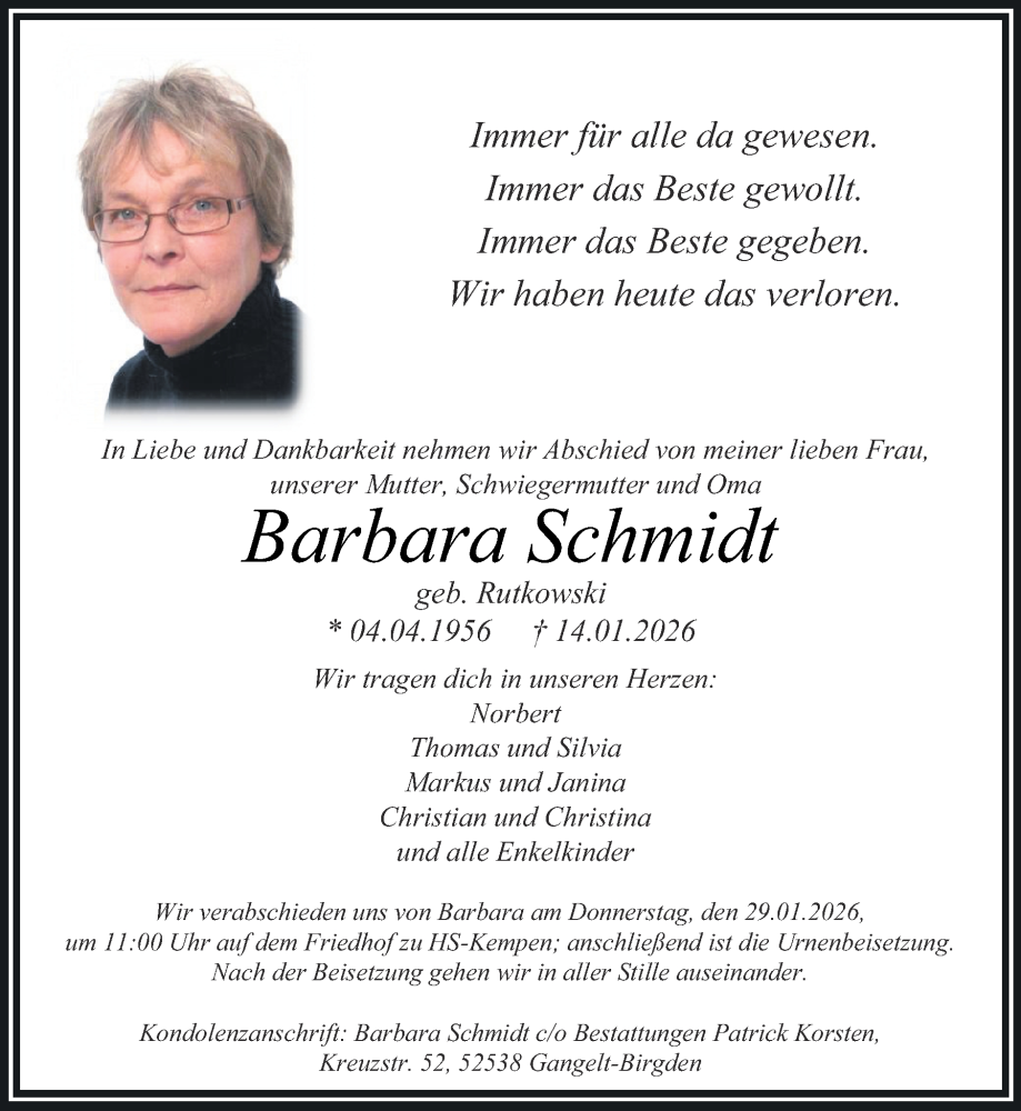  Traueranzeige für Barbara Schmidt vom 25.01.2026 aus Zeitung am Sonntag
