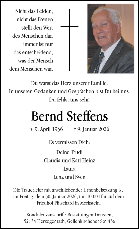 Traueranzeige von Bernd Steffens von Zeitung am Sonntag