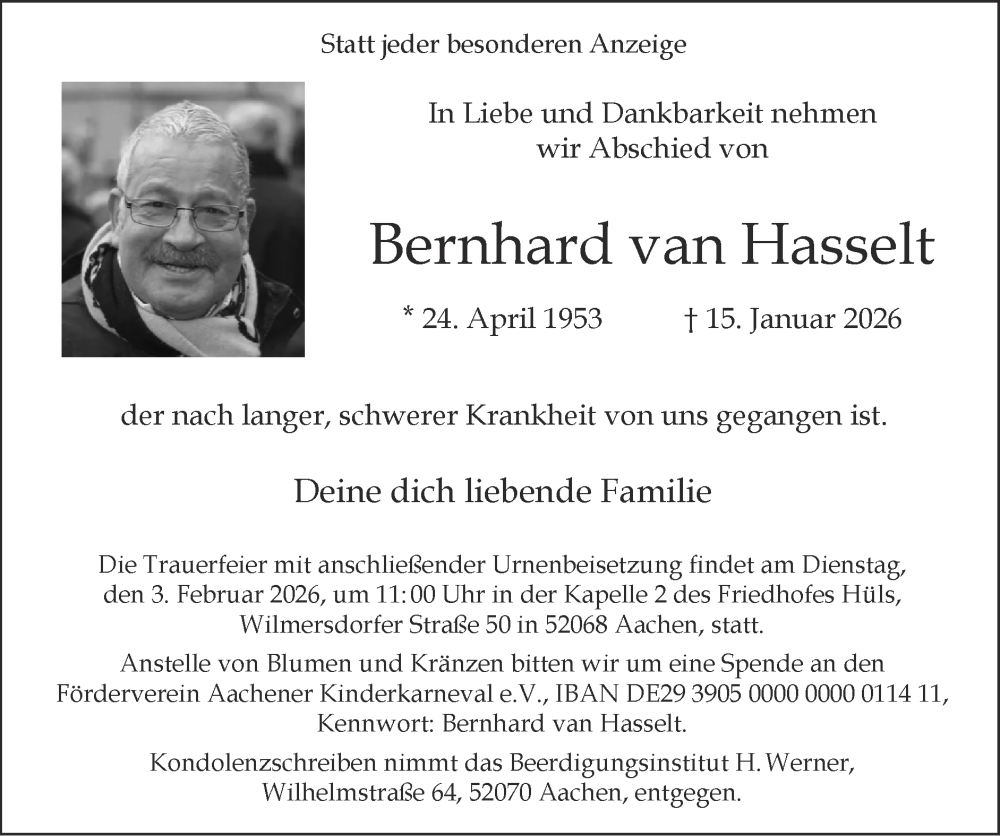  Traueranzeige für Bernhard van Hasselt vom 01.02.2026 aus Zeitung am Sonntag