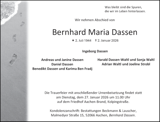 Traueranzeige von Bernhard Maria Dassen von Aachener Zeitung