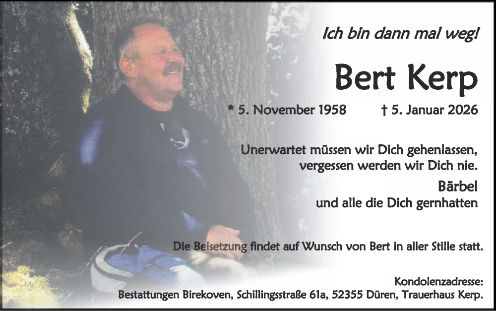  Traueranzeige für Bert Kerp vom 25.01.2026 aus Zeitung am Sonntag