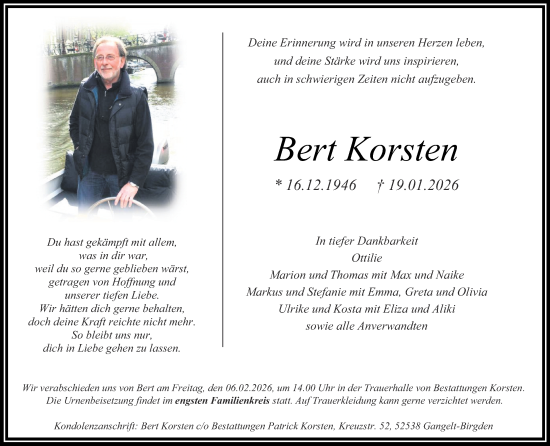 Traueranzeige von Bert Korsten von Zeitung am Sonntag