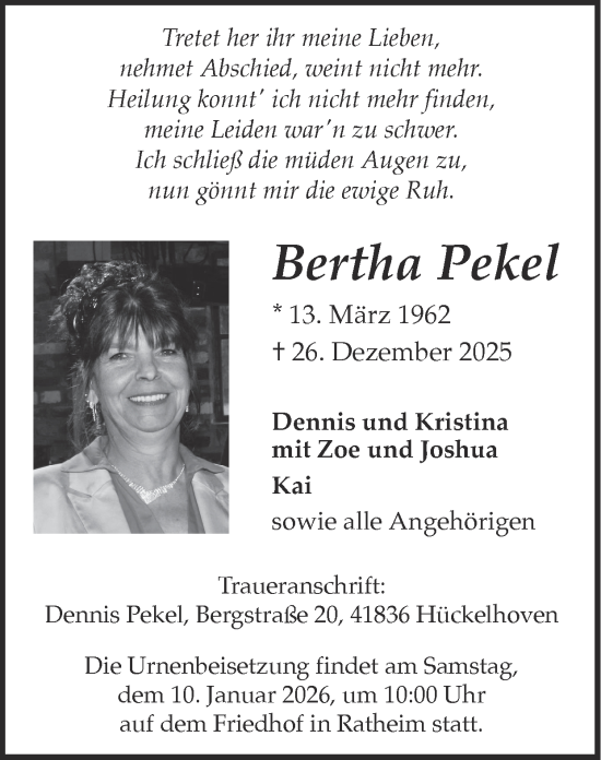 Traueranzeige von Bertha Pekel von Zeitung am Sonntag