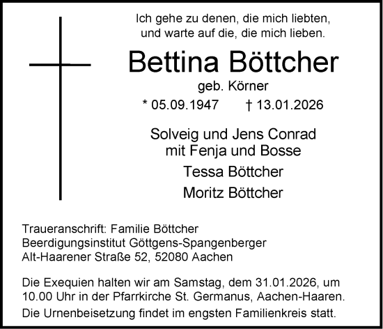 Traueranzeige von Bettina Böttcher von Aachener Zeitung