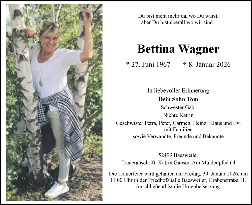  Traueranzeige für Bettina Wagner vom 18.01.2026 aus Zeitung am Sonntag