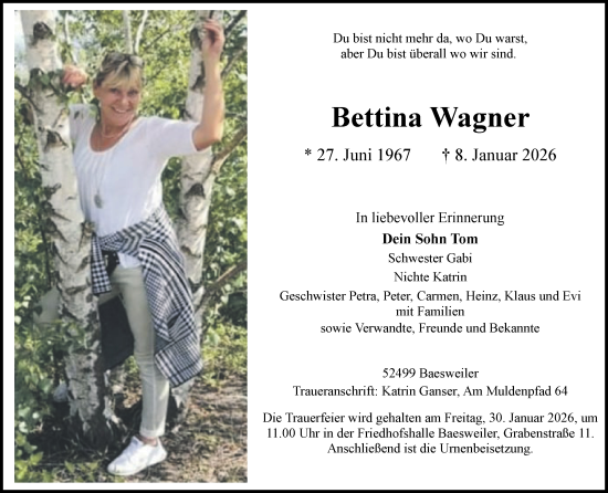 Traueranzeige von Bettina Wagner von Zeitung am Sonntag