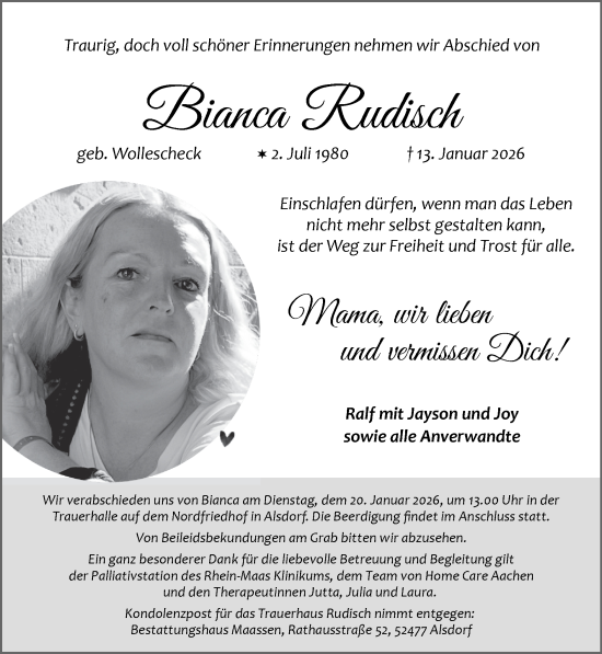 Traueranzeige von Bianca Rudisch von Zeitung am Sonntag
