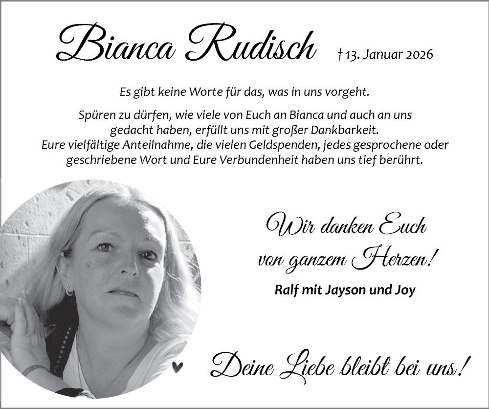  Traueranzeige für Bianca Rudisch vom 01.02.2026 aus Zeitung am Sonntag