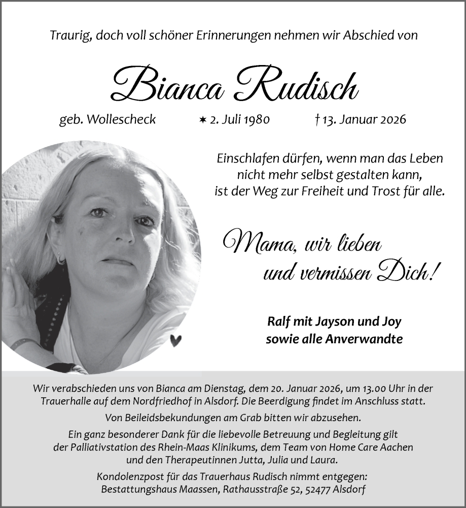  Traueranzeige für Bianca Rudisch vom 18.01.2026 aus Zeitung am Sonntag