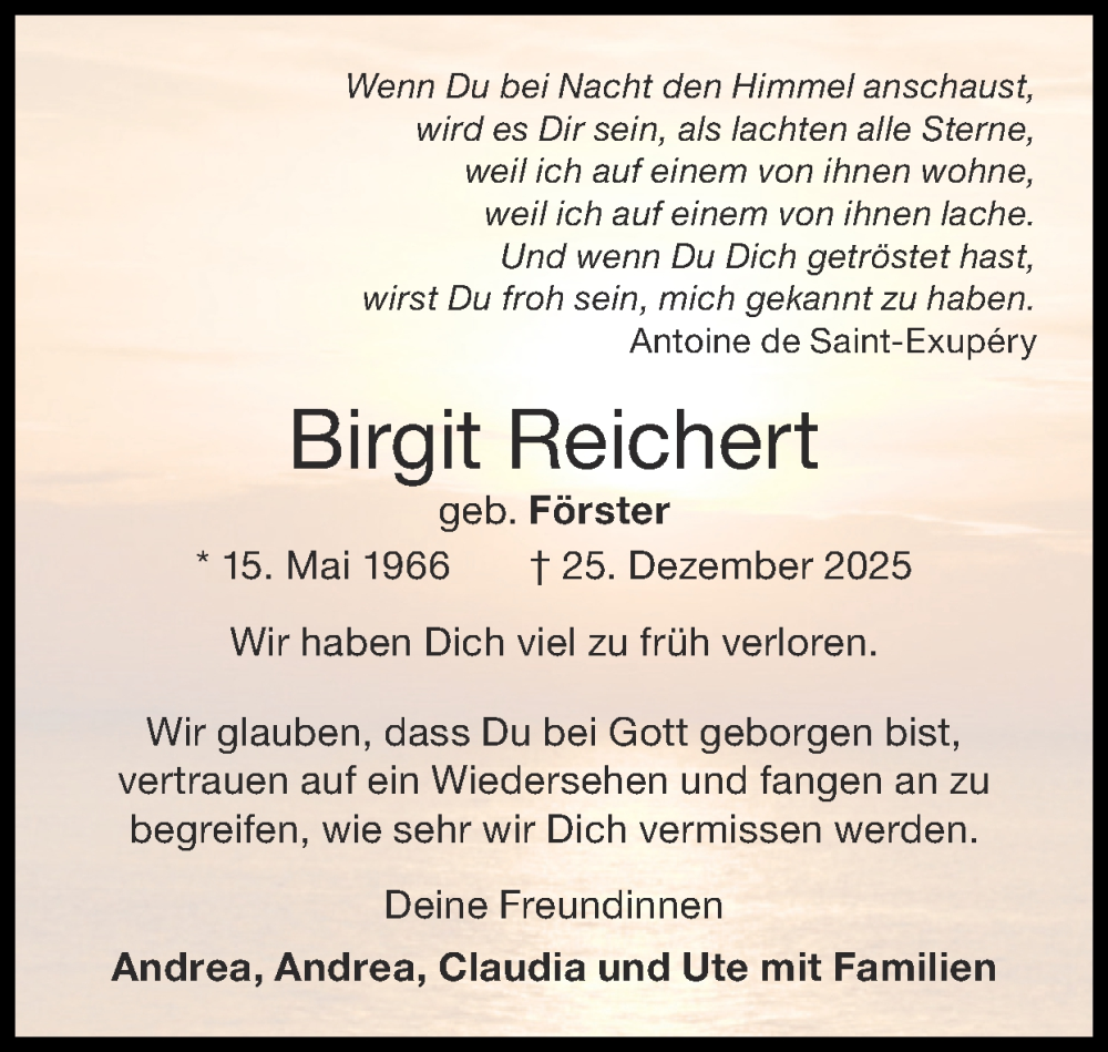  Traueranzeige für Birgit Reichert vom 18.01.2026 aus Zeitung am Sonntag