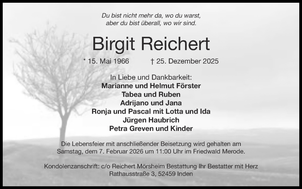  Traueranzeige für Birgit Reichert vom 18.01.2026 aus Zeitung am Sonntag