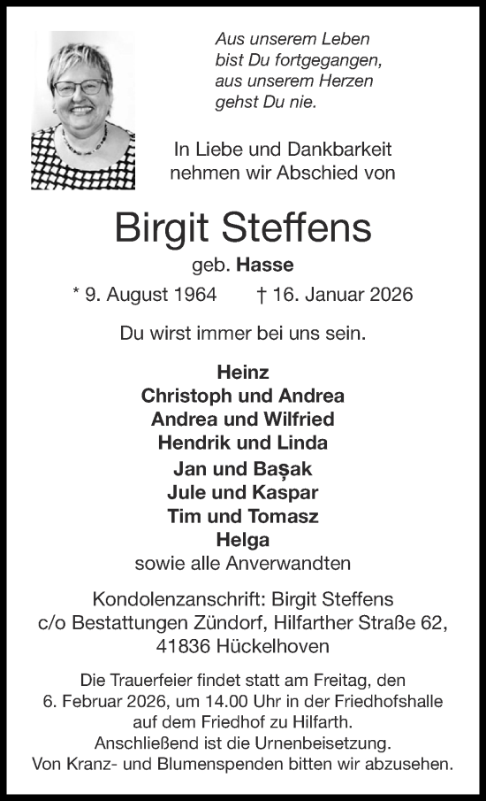 Traueranzeige von Birgit Steffens von Zeitung am Sonntag