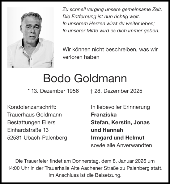 Traueranzeige von Bodo Goldmann von Zeitung am Sonntag