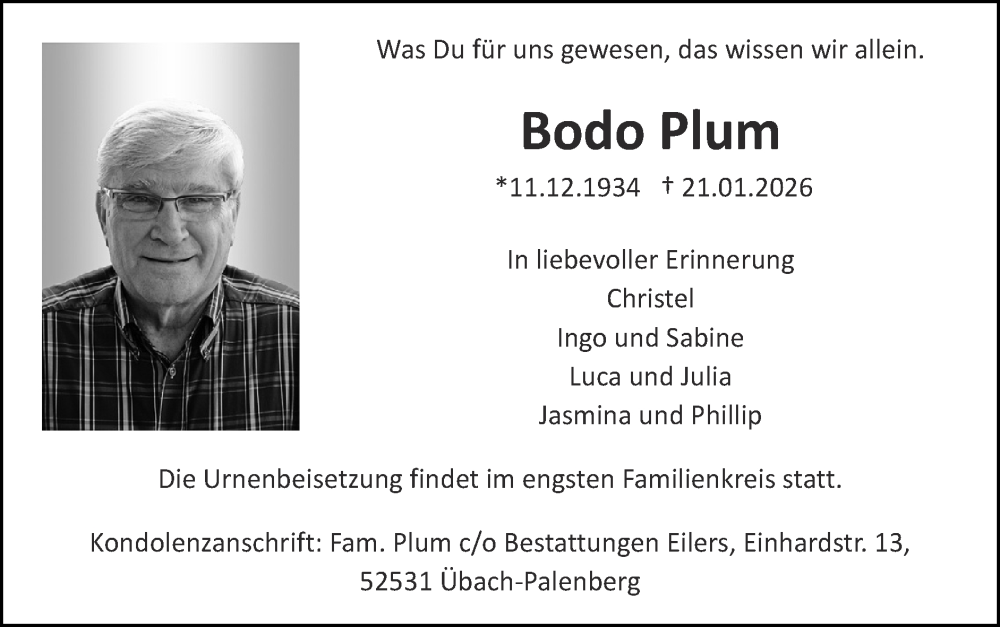  Traueranzeige für Bodo Plum vom 01.02.2026 aus Zeitung am Sonntag