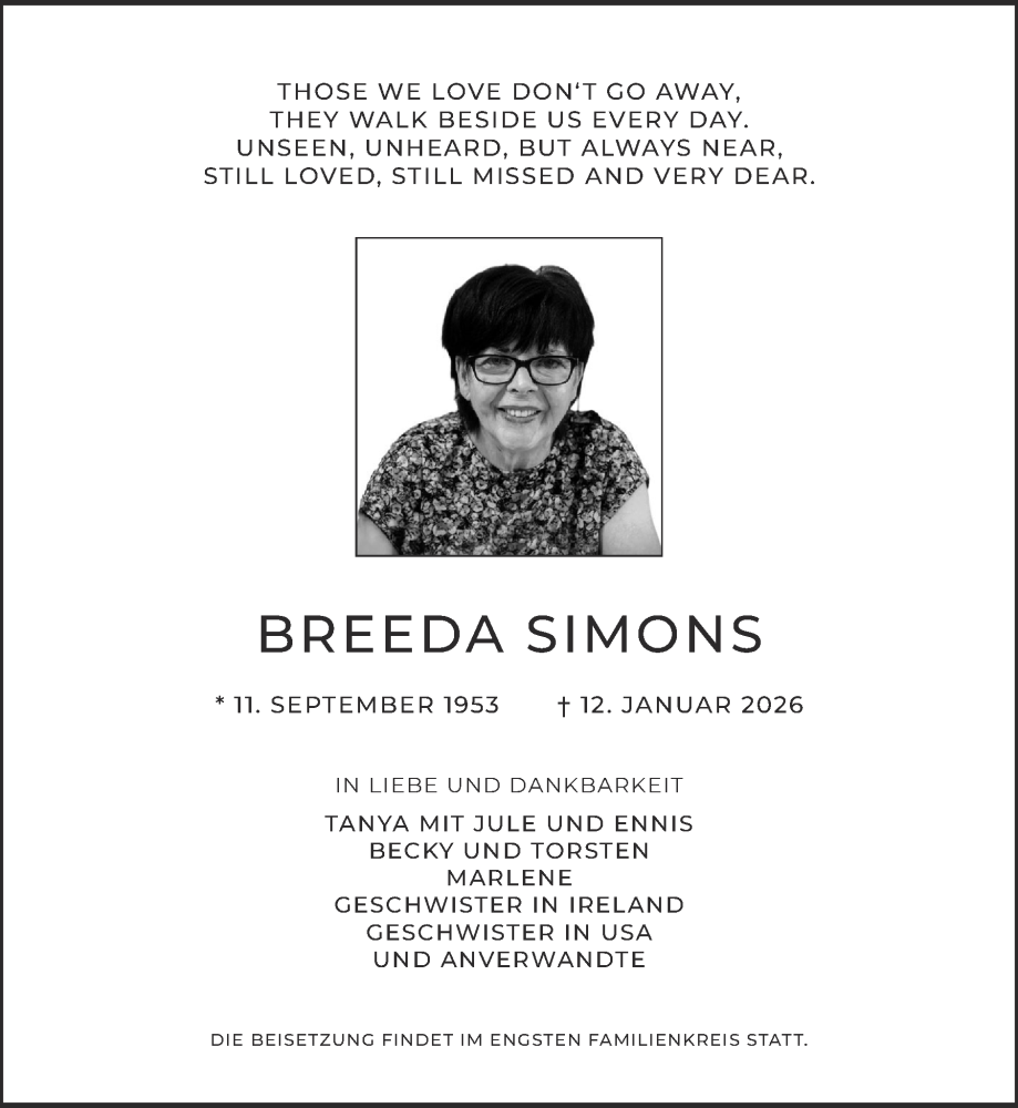  Traueranzeige für Breeda Simons vom 18.01.2026 aus Zeitung am Sonntag