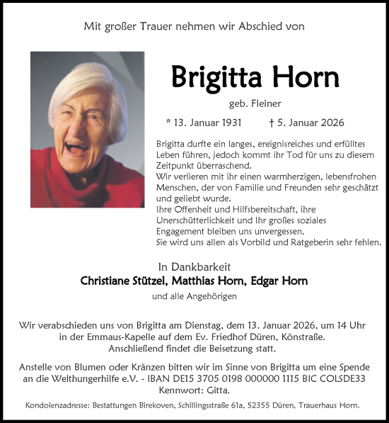 Traueranzeige von Brigitta Horn von Zeitung am Sonntag