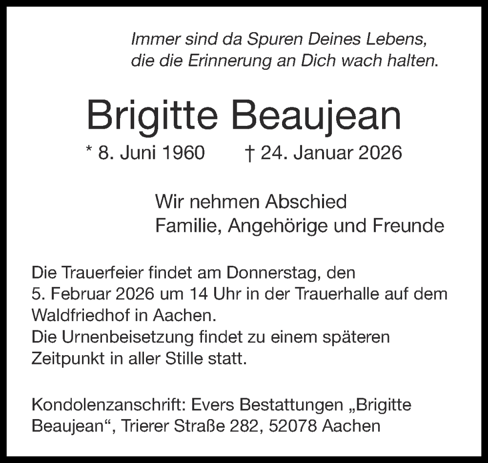  Traueranzeige für Brigitte Beaujean vom 01.02.2026 aus Zeitung am Sonntag