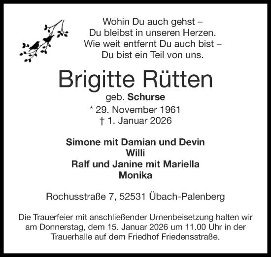 Traueranzeige von Brigitte Rütten von Zeitung am Sonntag