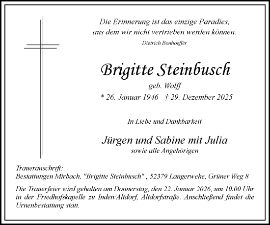 Traueranzeige von Brigitte Steinbusch von Zeitung am Sonntag
