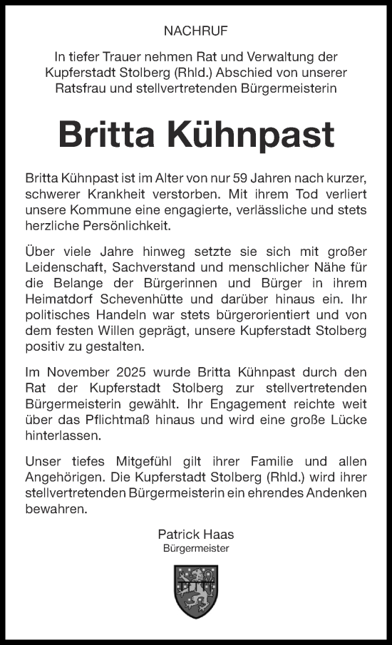 Traueranzeige von Britta Kühnpast von Zeitung am Sonntag