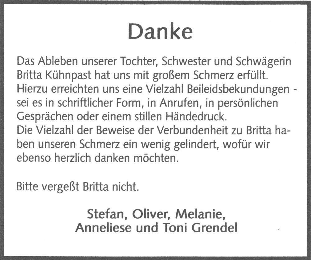  Traueranzeige für Britta Kühnpast vom 01.02.2026 aus Zeitung am Sonntag