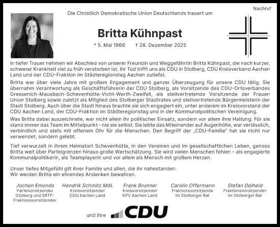 Traueranzeige von Britta Kühnpast von Zeitung am Sonntag