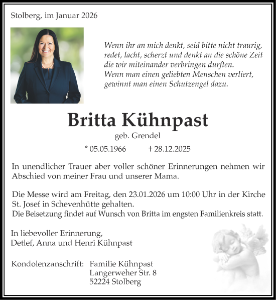 Traueranzeige von Britta Kühnpast von Zeitung am Sonntag
