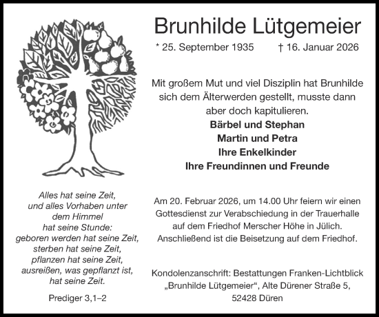 Traueranzeige von Brunhilde Lütgemeier von Zeitung am Sonntag