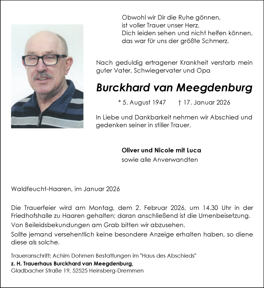  Traueranzeige für Burckhard van Meegdenburg vom 25.01.2026 aus Zeitung am Sonntag