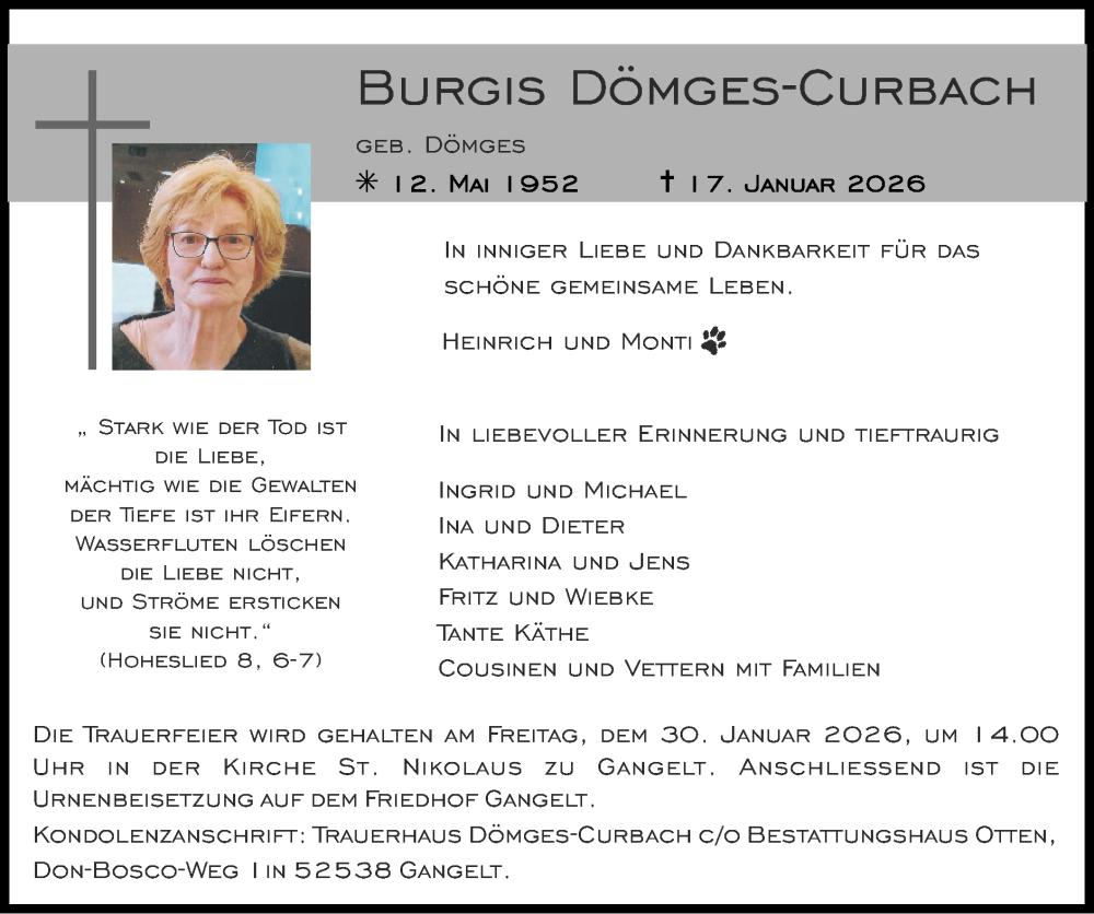  Traueranzeige für Burgis Dömges-Curbach vom 25.01.2026 aus Zeitung am Sonntag