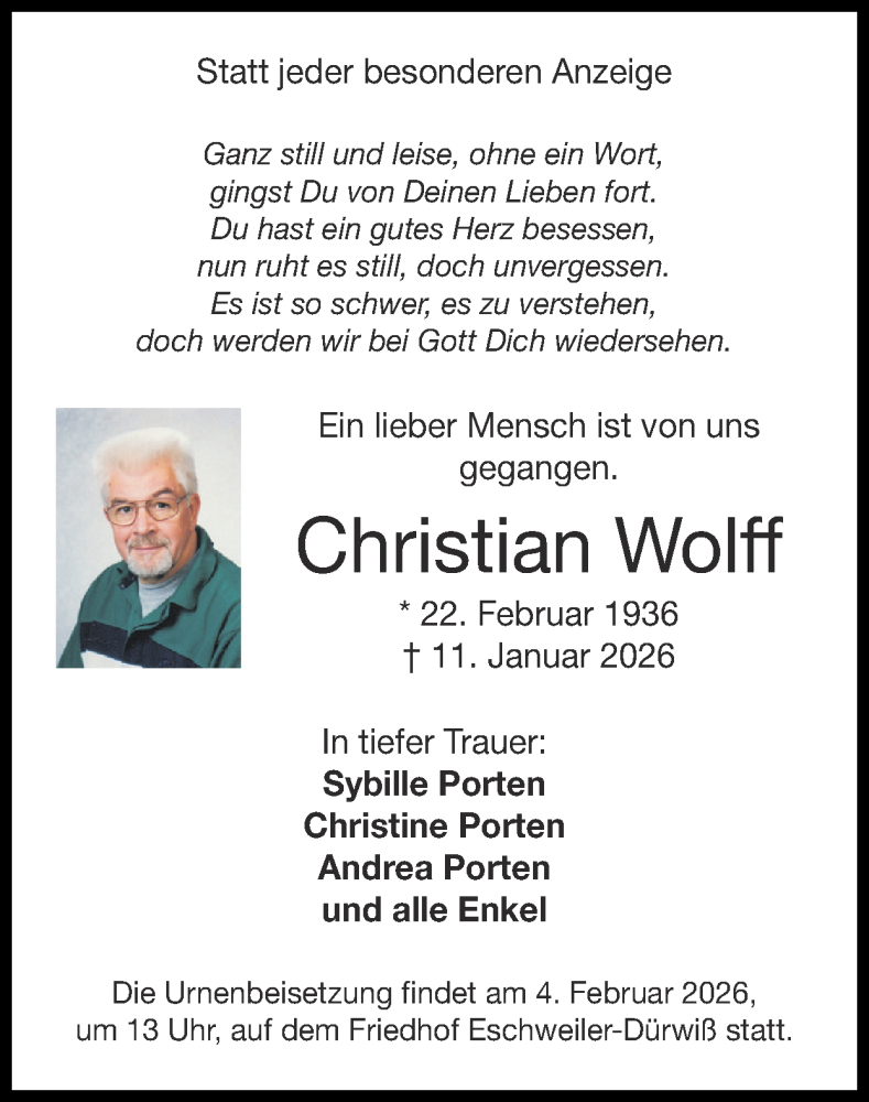  Traueranzeige für Christian Wolff vom 01.02.2026 aus Zeitung am Sonntag