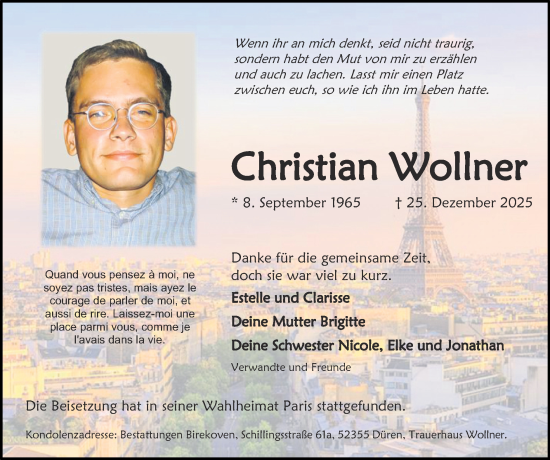 Traueranzeige von Christian Wollner von Zeitung am Sonntag