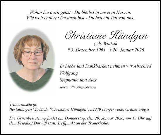 Traueranzeige von Christiane Hündgen von Zeitung am Sonntag
