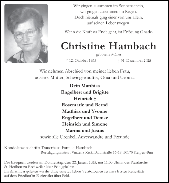 Traueranzeige von Christine Hambach von Zeitung am Sonntag