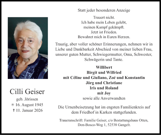 Traueranzeige von Cilli Geiser von Zeitung am Sonntag