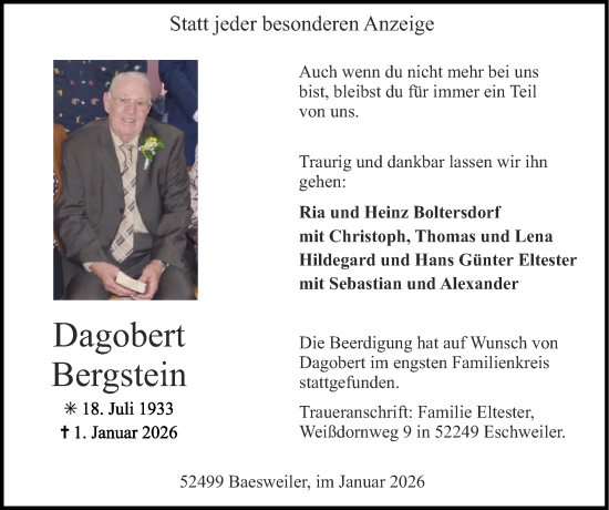 Traueranzeige von Dagobert Bergstein von Zeitung am Sonntag