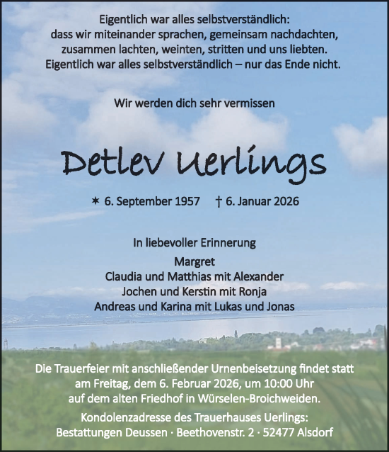 Traueranzeige von Detlev Uerlings von Aachener Zeitung