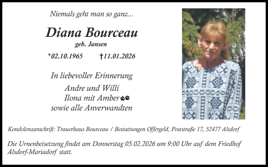 Traueranzeige von Diana Bourceau von Zeitung am Sonntag