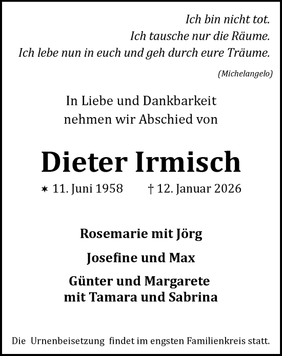 Traueranzeige von Dieter Irmisch von Zeitung am Sonntag