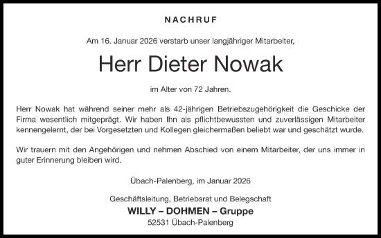 Traueranzeige von Dieter Nowak von Zeitung am Sonntag