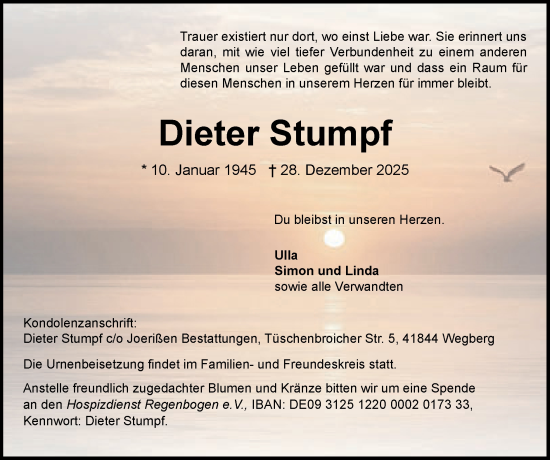 Traueranzeige von Dieter Stumpf von Zeitung am Sonntag