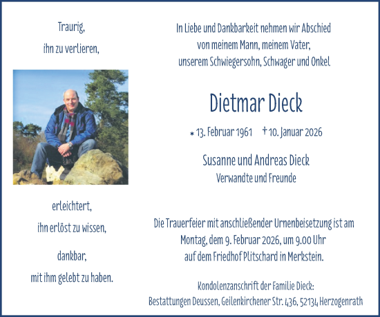 Traueranzeige von Dietmar Dieck von Zeitung am Sonntag